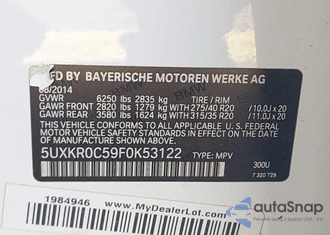 2015 BMW X5 xDrive35I z USA, uszkodzony, nr VIN 5UXKR0C59F0K53122